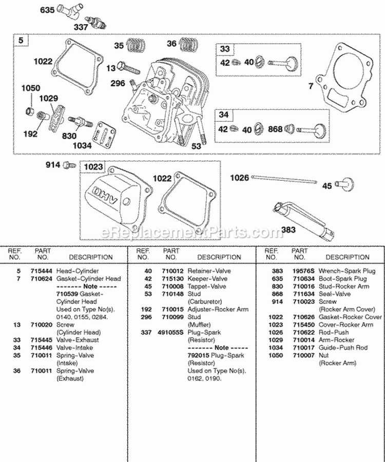 Cylinder Head Valves Diagram and Parts List for  Briggs and Stratton Engine